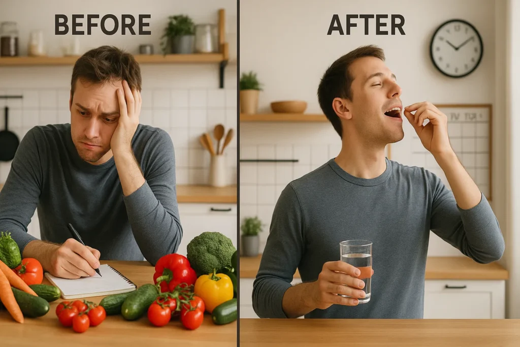 A lifestyle “before and after” image. On the left, a chaotic kitchen with dozens of different types of vegetables, food scales, nutrition books, and an overwhelmed-looking person trying to plan meals. On the right, the same person, now looking calm and energized, quickly swallowing a capsule with a glass of water, with the day ahead looking organized and promising. The image should highlight simplicity and efficiency.