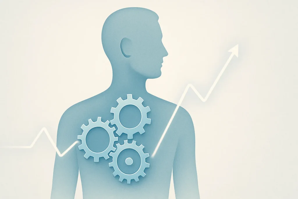 A stylized, modern image showing a transparent human silhouette. Inside the silhouette, clean, shiny gears rotate smoothly, symbolizing an efficient metabolism. An energy graph line passing through the silhouette is stable and strong. The background is clear and focused, conveying a sense of balance and control.