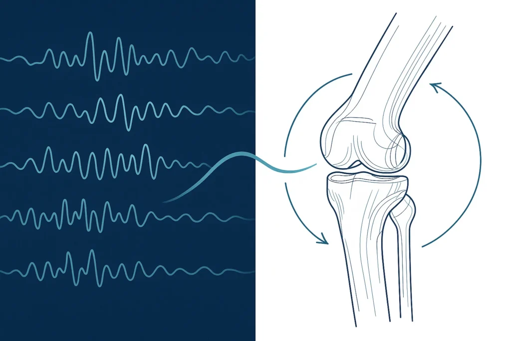 A serene and powerful conceptual image. On the left side, a representation of deep sleep brain waves, calm and rhythmic, on a dark blue background. On the right side, a representation of a knee joint, clean and fluid, like an engineering drawing, showing effortless movement against a white background. A smooth line connects the two sides, symbolizing how deep sleep repairs and enables movement.