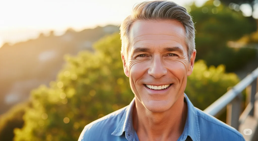 A portrait of a man in his 50s or 60s, looking vibrant and healthy. He is smiling confidently, perhaps outdoors. The focus is on his expression of well-being and security. The image should not look like an advertisement for medicine, but rather a portrait of a person who is aging proactively and successfully, enjoying life to the fullest.