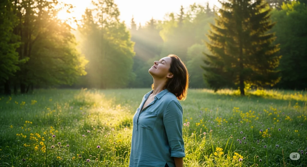 A photo of a person (male or female) in a natural, clean environment, such as a forest or open field. The person is taking a deep breath, with their eyes closed and an expression of relief and vitality. The light is bright and the air appears visibly fresh. The image evokes feelings of purity, respiratory health, and harmony with the environment.