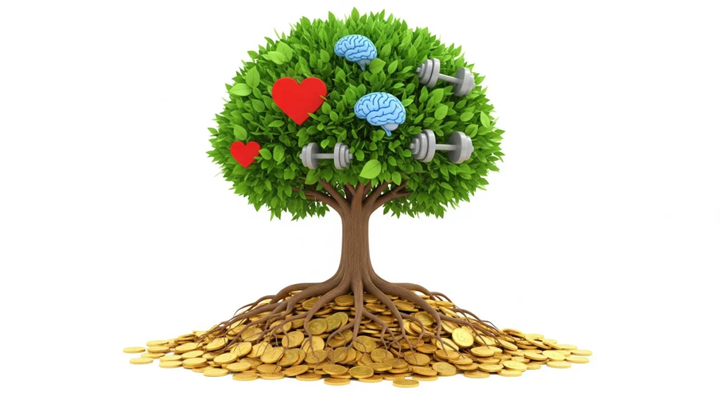 Ideal image description: A conceptual and modern graphic. It could be a sturdy, green tree growing from a pile of gold coins, with its roots firmly planted in the money. The leaves of the tree can have health icons (heart, brain, dumbbell). The image symbolizes that health (the tree) grows from a financial investment (the coins) and becomes a much larger and more valuable asset. The background should be clean and white.
