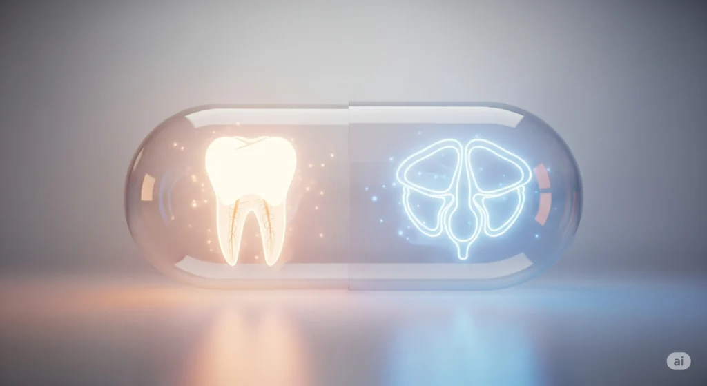 A clean, conceptual image. It shows a single transparent, shiny supplement capsule. Inside the capsule, there are two shiny holographic icons: a strong tooth and a healthy prostate gland. The image visualizes the idea of targeted, precise nutritional support, delivering health directly where it is needed. The background should be minimalist, perhaps white or light gray.