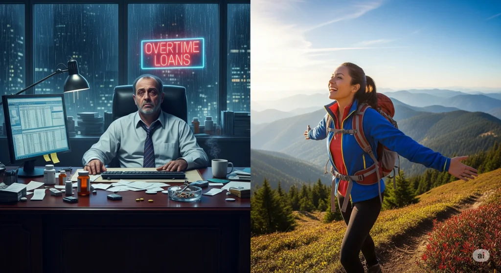 Description of the ideal image: A split-screen image. On the left side, a middle-aged executive, looking tired and stressed, in a poorly lit office at night, with medicine bottles and bills on the desk. The color palette is cold and gloomy. On the right side, a radiant and healthy woman of the same age, hiking on a mountain under a bright sun. The color palette is warm and vibrant. The image represents the crossroads between sacrificing health for money versus investing in health for a rich life.